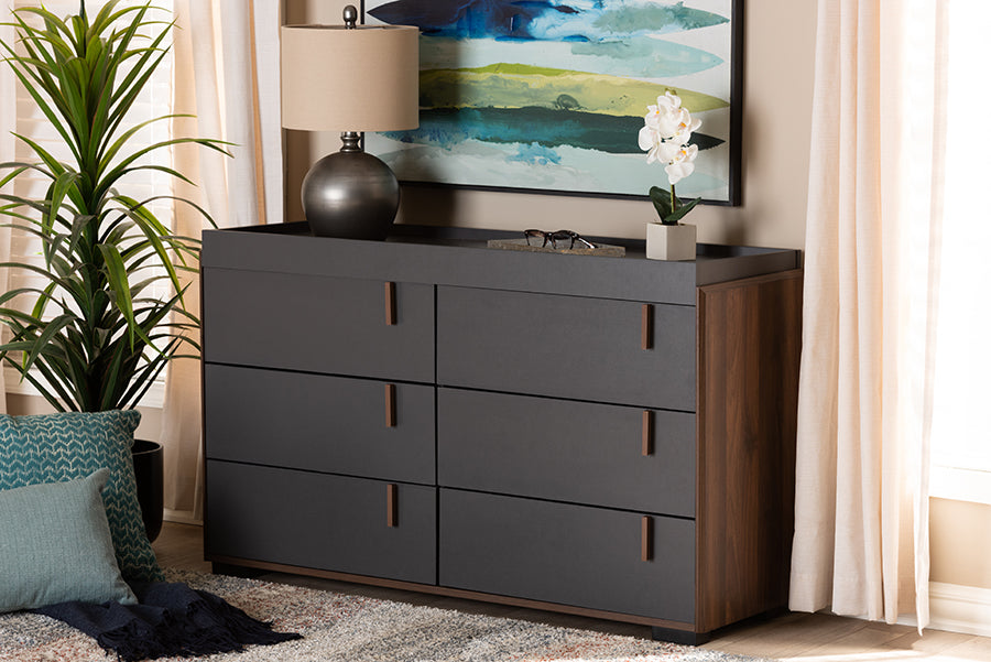 Baxton Studio Rikke Modern and Contemporary Two-Tone Gray and Walnut Finished Wood 6-Drawer Dresser | Modishstore | Drawers