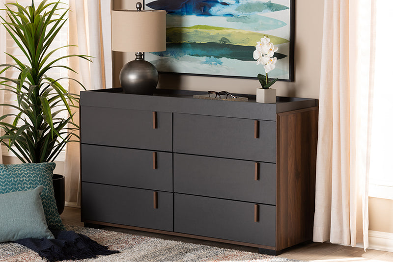 Baxton Studio Rikke Modern and Contemporary Two-Tone Gray and Walnut Finished Wood 6-Drawer Dresser - Gray , Walnut Modish Store Baxton Studio Rikke Modern and Contemporary Two-Tone Gray and Walnut Finished Wood 6-Drawer Dresser - Gray , Walnut Modish Store