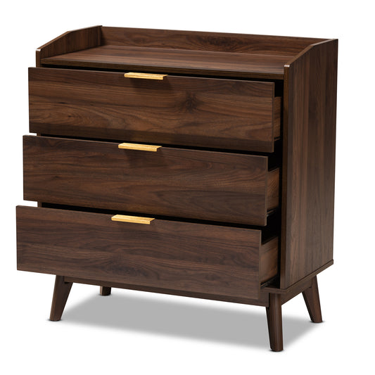 Baxton Studio Lena Mid-Century Modern Walnut Brown Finished 3-Drawer Wood Chest | Drawers | Modishstore