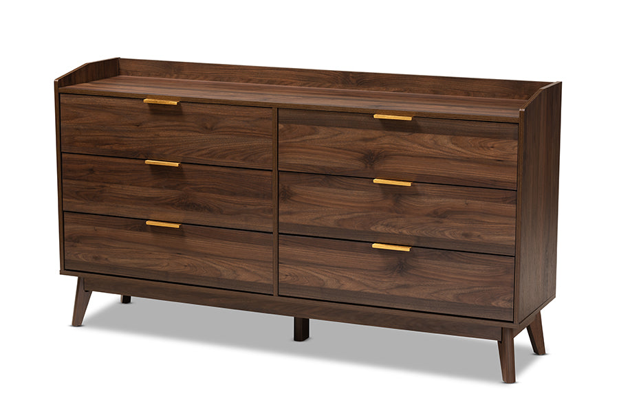 baxton studio lena mid century modern walnut brown finished 6 drawer wood dresser | Modish Furniture Store-2