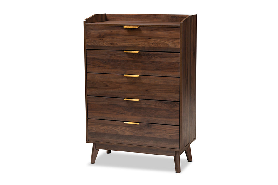 baxton studio lena mid century modern walnut brown finished 5 drawer wood chest | Modish Furniture Store-2