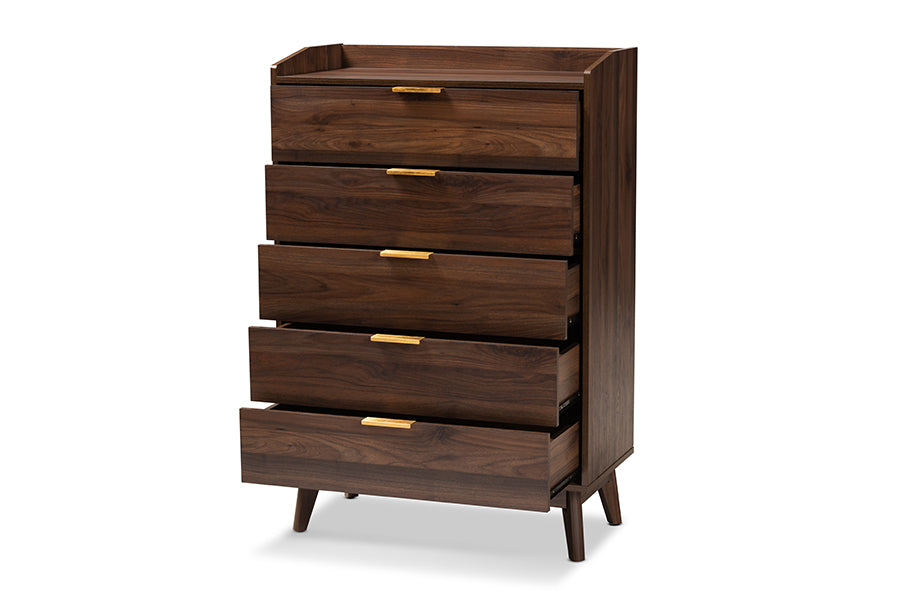 baxton studio lena mid century modern walnut brown finished 5 drawer wood chest | Modish Furniture Store-3