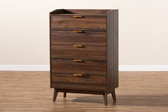 Baxton Studio Lena Mid-Century Modern Walnut Brown Finished 5-Drawer Wood Chest