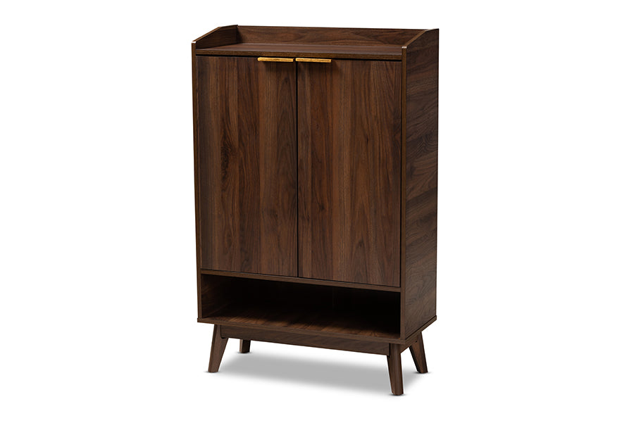 baxton studio lena mid century modern walnut brown finished 5 shelf wood entryway shoe cabinet | Modish Furniture Store-2