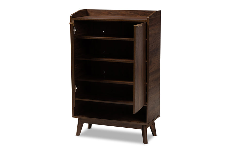 baxton studio lena mid century modern walnut brown finished 5 shelf wood entryway shoe cabinet | Modish Furniture Store-3