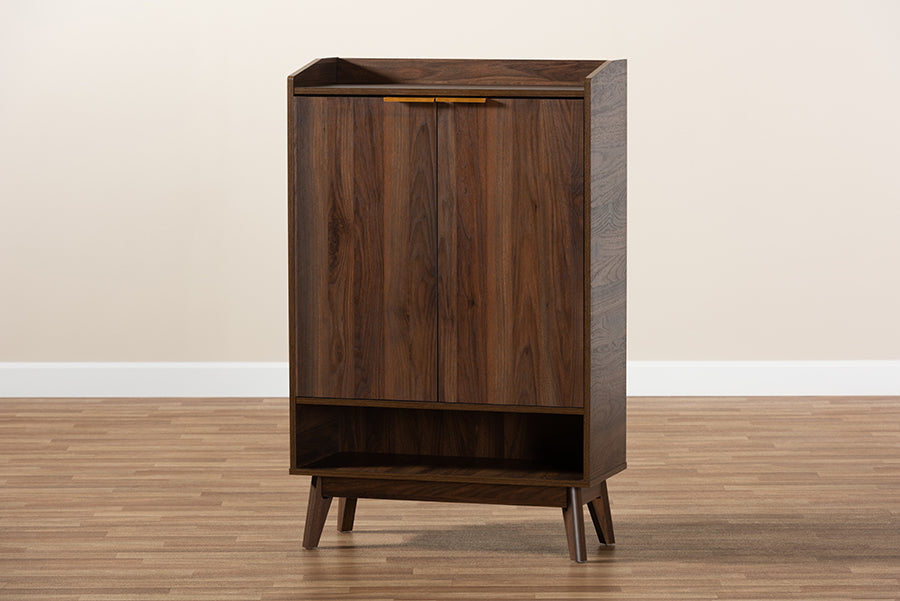 Baxton Studio Lena Mid-Century Modern Walnut Brown Finished 5-Shelf Wood Entryway Shoe Cabinet | Modishstore | Cabinets