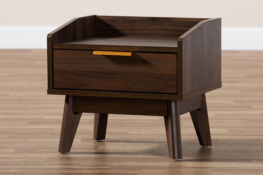 Baxton Studio Lena Mid-Century Modern Walnut Brown Finished 1-Drawer Wood Nightstand | Nightstands | Modishstore - 3
