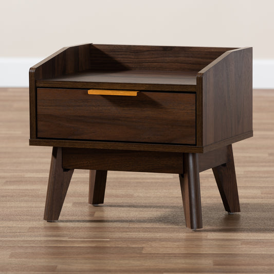 Baxton Studio Lena Mid-Century Modern Walnut Brown Finished 1-Drawer Wood Nightstand | Nightstands | Modishstore
