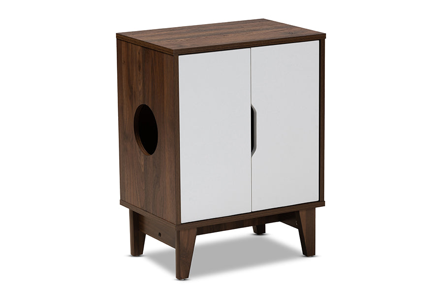 baxton studio romy mid century modern two tone walnut brown and white finished 2 door wood cat litter box cover house | Modish Furniture Store-2