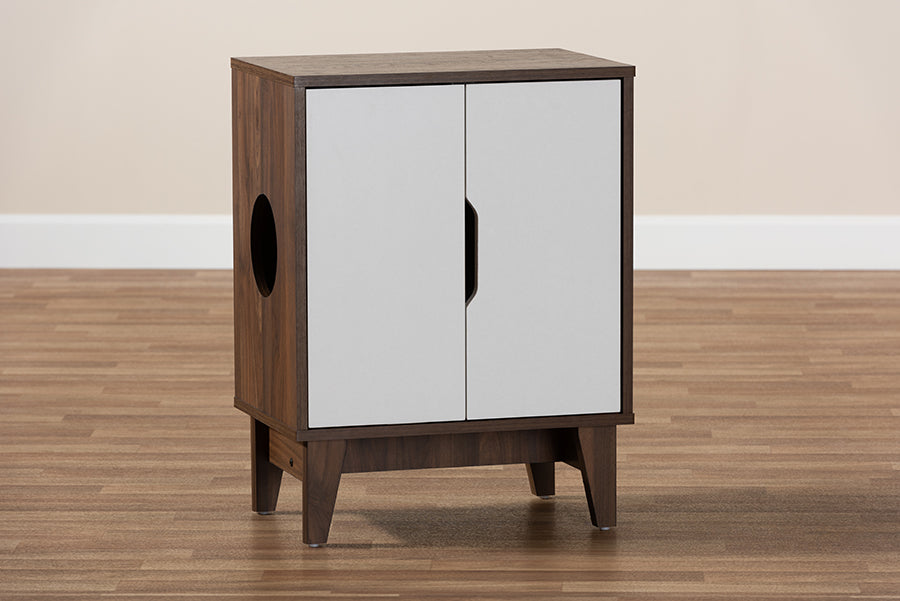 Baxton Studio Romy Mid-Century Modern Two-Tone Walnut Brown and White Finished 2-Door Wood Cat Litter Box Cover House | Modishstore | Nightstands