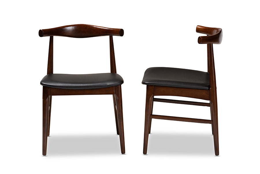 Baxton Studio Eira Mid-Century Modern Black Faux Leather Upholstered Walnut Finished Wood Dining Chair Set of 2 | Modishstore | Dining Chairs - 2