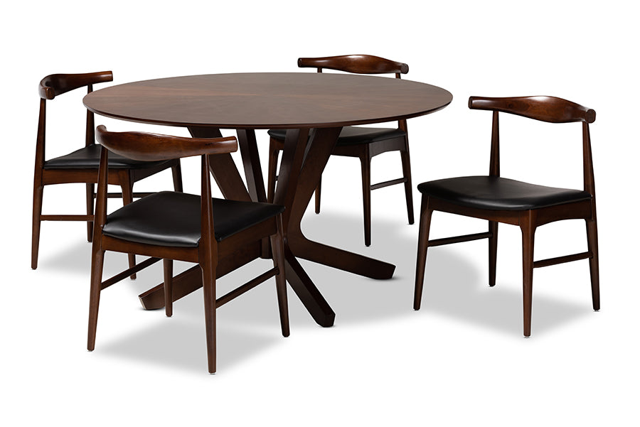baxton studio berlin mid century modern black faux leather upholstered walnut finished 5 piece wood dining set | Modish Furniture Store-2