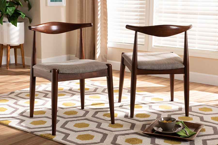 Baxton Studio Aeron Mid-Century Modern Light Gray Fabric Upholstered Walnut Finished Wood Dining Chair Set of 2 | Modishstore | Dining Chairs