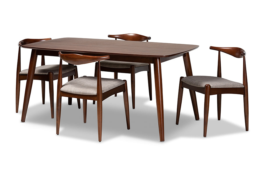 baxton studio aeron mid century modern light gray fabric upholstered walnut finished wood 5 piece dining set | Modish Furniture Store-2