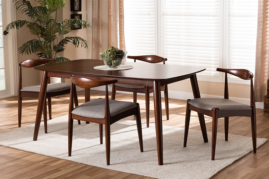 Baxton Studio Aeron Mid-Century Modern Light Gray Fabric Upholstered Walnut Finished Wood 5-Piece Dining Set | Modishstore | Dining Sets