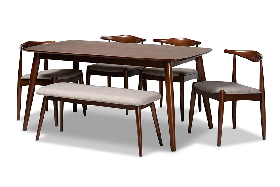 baxton studio aeron mid century modern light gray fabric upholstered walnut finished wood 6 piece dining set | Modish Furniture Store-2