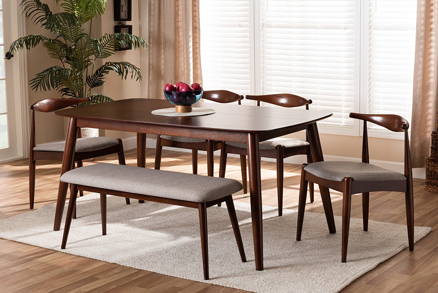 Baxton Studio Aeron Mid-Century Modern Light Gray Fabric Upholstered Walnut Finished Wood 6-Piece Dining Set | Modishstore | Dining Sets