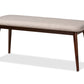 baxton studio flora mid century modern light grey fabric upholstered walnut finished wood dining bench | Modish Furniture Store-2