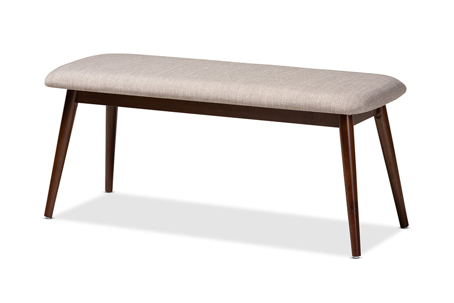 baxton studio flora mid century modern light grey fabric upholstered walnut finished wood dining bench | Modish Furniture Store-2