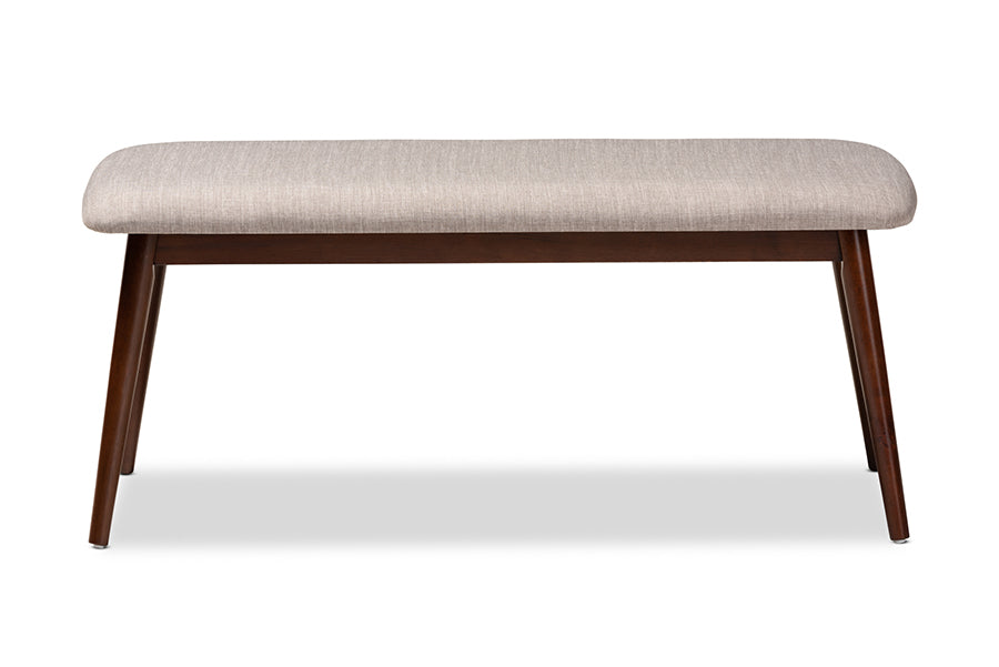 baxton studio flora mid century modern light grey fabric upholstered walnut finished wood dining bench | Modish Furniture Store-3