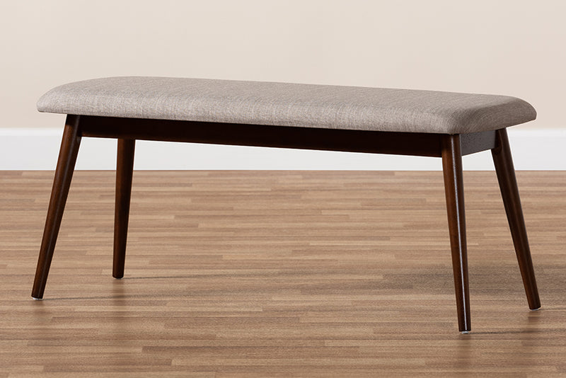 Baxton Studio Flora Mid-Century Modern Light Grey Fabric Upholstered Walnut Finished Wood Dining Bench | Modishstore | Stools & Benches