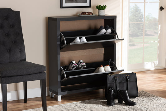 Baxton Studio Simms Modern and Contemporary Dark Grey Finished Wood Shoe Storage Cabinet with 4 Fold-Out Racks | Modishstore | Cabinets