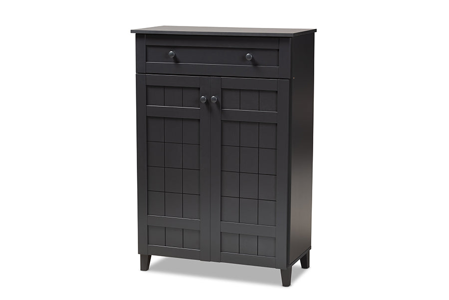 baxton studio glidden modern and contemporary dark grey finished 5 shelf wood shoe storage cabinet with drawer | Modish Furniture Store-2
