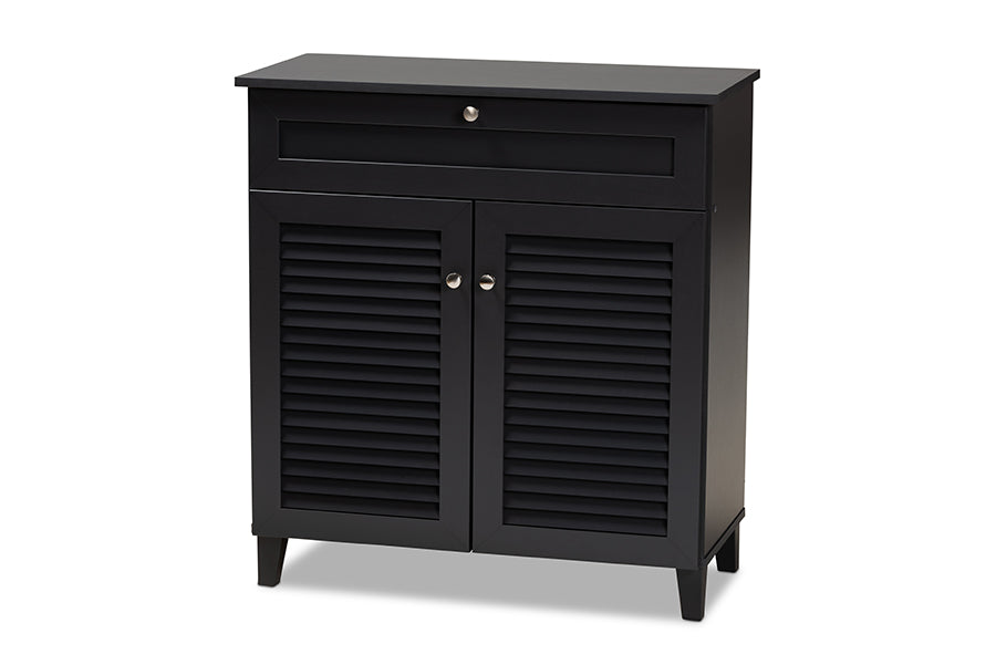 baxton studio coolidge modern and contemporary dark grey finished 4 shelf wood shoe storage cabinet with drawer | Modish Furniture Store-2