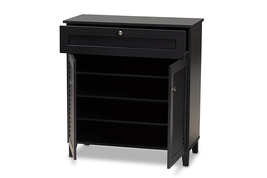 baxton studio coolidge modern and contemporary dark grey finished 4 shelf wood shoe storage cabinet with drawer | Modish Furniture Store-3