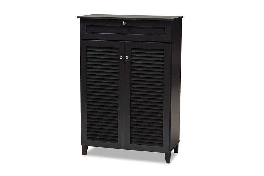 baxton studio coolidge modern and contemporary dark grey finished 5 shelf wood shoe storage cabinet with drawer | Modish Furniture Store-2