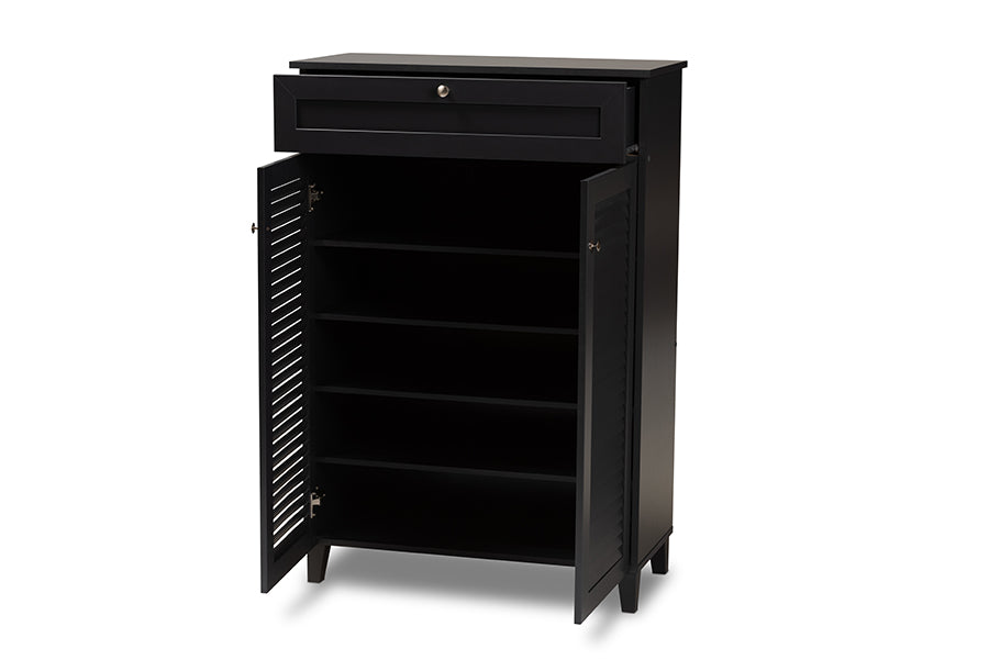 baxton studio coolidge modern and contemporary dark grey finished 5 shelf wood shoe storage cabinet with drawer | Modish Furniture Store-3