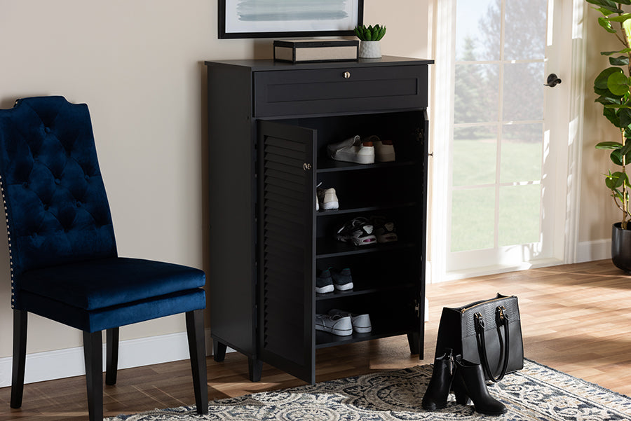 Baxton Studio Coolidge Modern and Contemporary Dark Grey Finished 5-Shelf Wood Shoe Storage Cabinet with Drawer | Modishstore | Cabinets