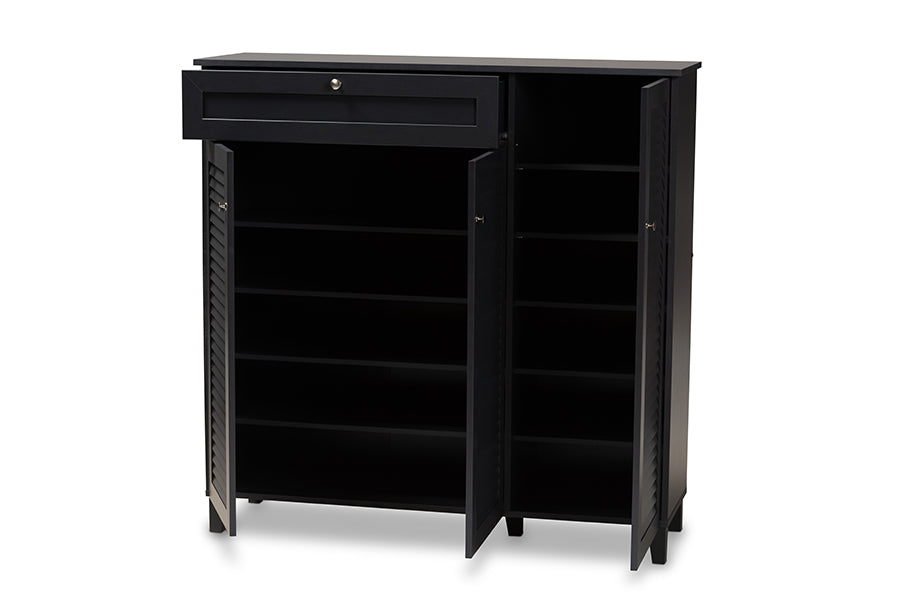 baxton studio coolidge modern and contemporary dark grey finished 11 shelf wood shoe storage cabinet with drawer | Modish Furniture Store-3
