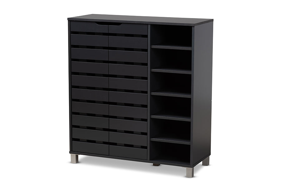 baxton studio shirley modern and contemporary dark grey finished 2 door wood shoe storage cabinet with open shelves | Modish Furniture Store-2
