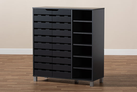 Baxton Studio Shirley Modern and Contemporary Dark Grey Finished 2-Door Wood Shoe Storage Cabinet with Open Shelves | Modishstore | Cabinets