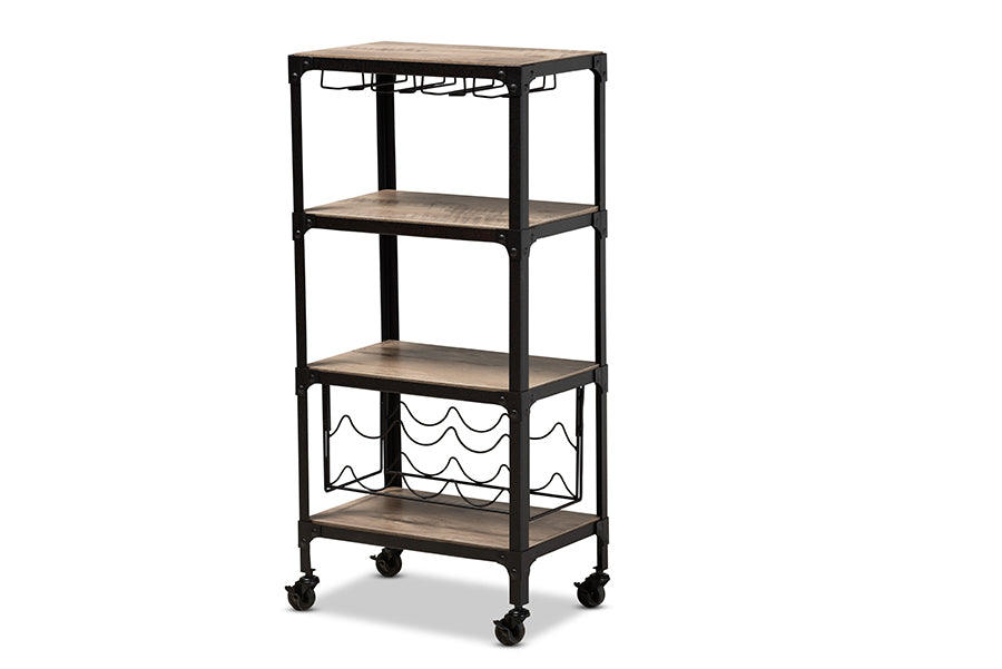 baxton studio swanson rustic industrial style antique black textured metal distressed oak finished wood mobile kitchen bar wine cart | Modish Furniture Store-2