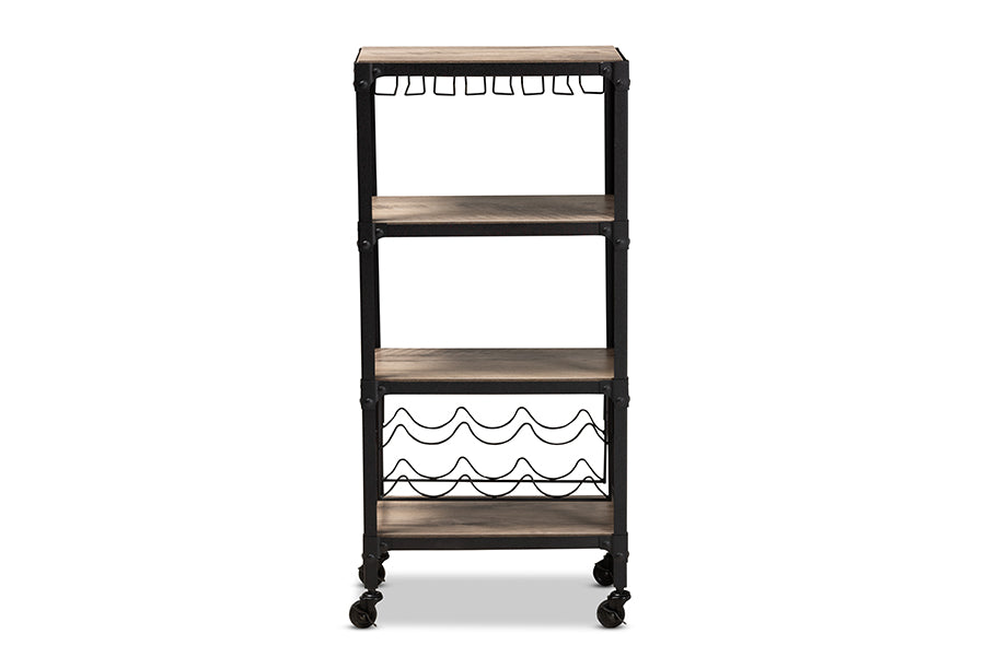 baxton studio swanson rustic industrial style antique black textured metal distressed oak finished wood mobile kitchen bar wine cart | Modish Furniture Store-3