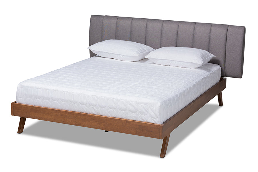 baxton studio brita mid century modern grey fabric upholstered walnut finished wood queen size bed | Modish Furniture Store-2