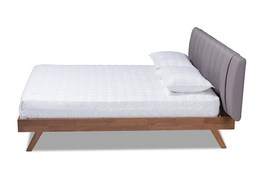 baxton studio brita mid century modern grey fabric upholstered walnut finished wood queen size bed | Modish Furniture Store-3