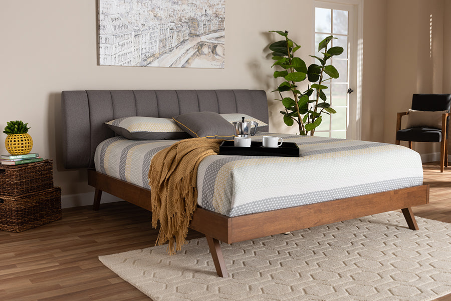 Baxton Studio Brita Mid-Century Modern Grey Fabric Upholstered Walnut Finished Wood King Size Bed | Modishstore | Beds
