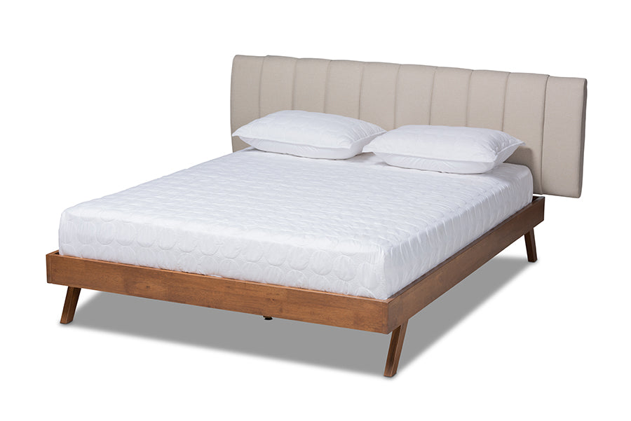 baxton studio brita mid century modern light beige fabric upholstered walnut finished wood queen size bed | Modish Furniture Store-2