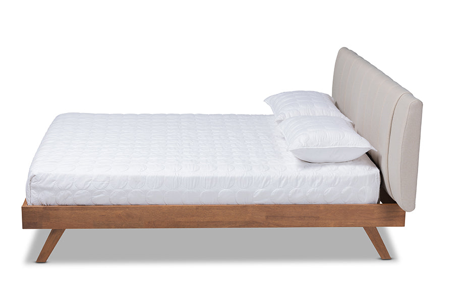 baxton studio brita mid century modern light beige fabric upholstered walnut finished wood queen size bed | Modish Furniture Store-3
