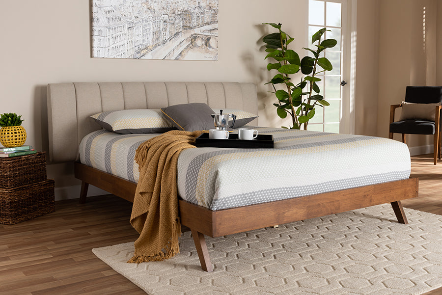 Baxton Studio Brita Mid-Century Modern Light Beige Fabric Upholstered Walnut Finished Wood King Size Bed | Modishstore | Beds