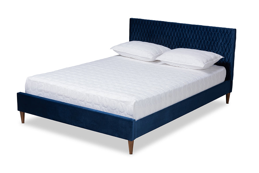 baxton studio frida glam and luxe royal blue velvet fabric upholstered queen size bed | Modish Furniture Store-2