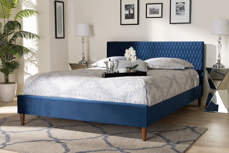 Baxton Studio Frida Glam and Luxe Royal Blue Velvet Fabric Upholstered Full Size Bed | Modishstore | Beds