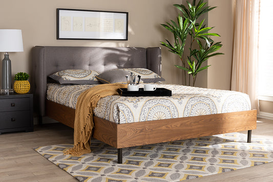 Baxton Studio Catarina Mid-Century Modern Grey Fabric Upholstered Walnut Finished Wood Full Size Wingback Platform Bed | Modishstore | Beds