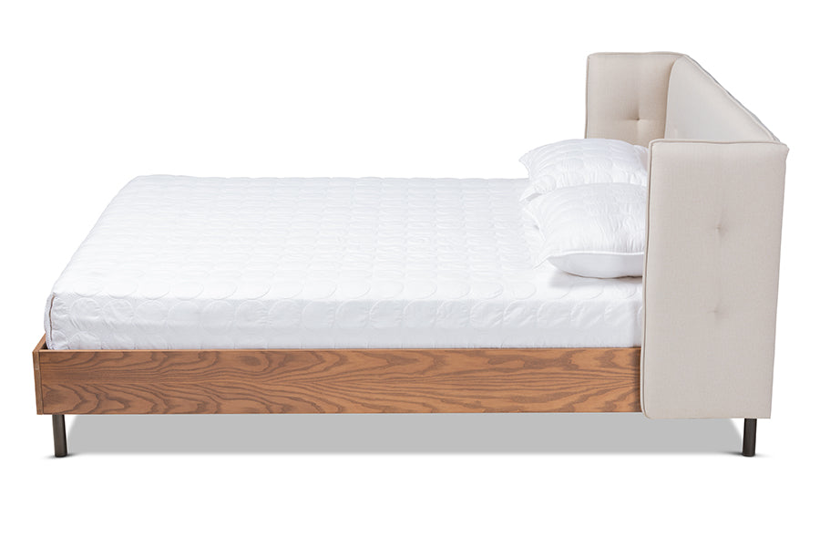 baxton studio catarina mid century modern light beige fabric upholstered walnut finished wood king size wingback platform bed | Modish Furniture Store-3