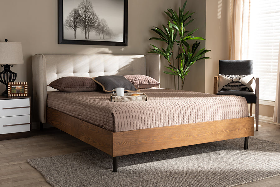 Baxton Studio Catarina Mid-Century Modern Light Beige Fabric Upholstered Walnut Finished Wood King Size Wingback Platform Bed | Modishstore | Beds