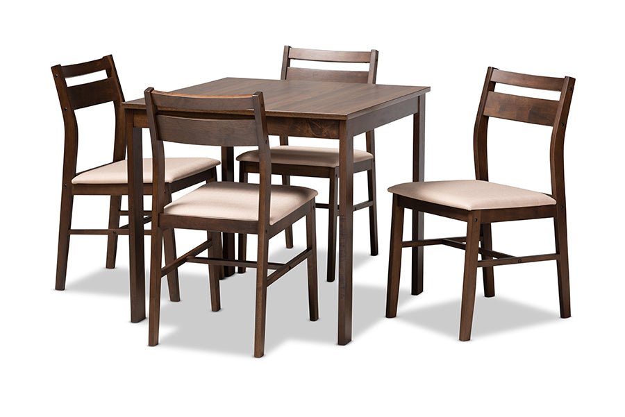 baxton studio lovy modern and contemporary beige fabric upholstered dark walnut finished 5 piece wood dining set | Modish Furniture Store-2