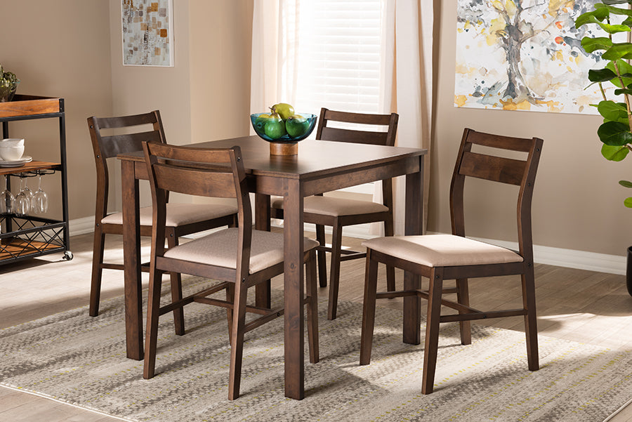 Baxton Studio Lovy Modern and Contemporary Beige Fabric Upholstered Dark Walnut-Finished 5-Piece Wood Dining Set | Modishstore | Dining Sets